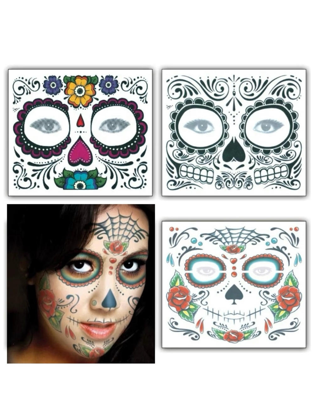 Day of the Dead Sugar Skull Temporary Face Tattoos – 3 Pack